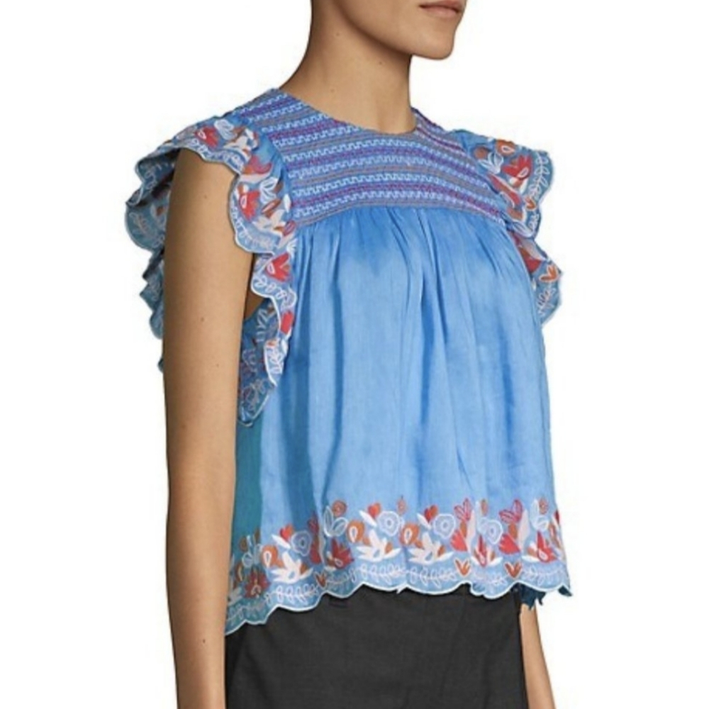 Amur Silk Chambray Floral Embroidered Flutter Sleeve Top